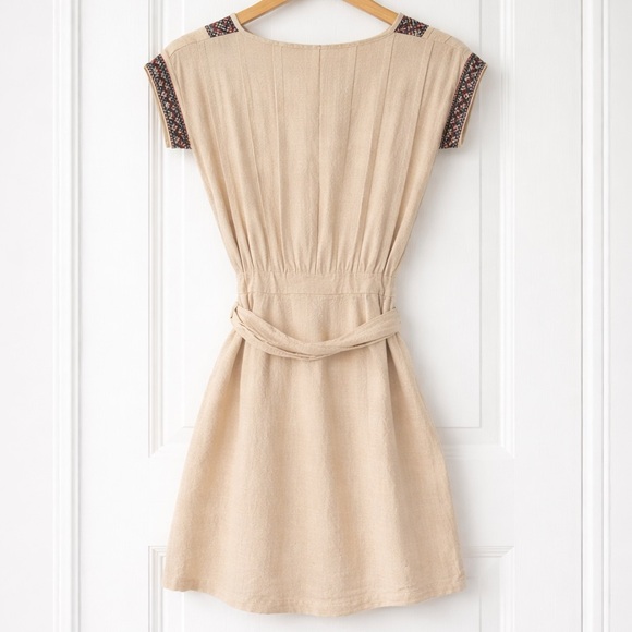 Free People Boho Embroidered Wrap Dress SP Beige Cotton Mini Festival Tie Waist - Picture 3 of 11